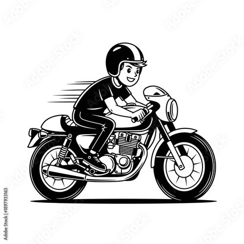 Monochrome illustration of a person riding a classic motorcycle at speed.