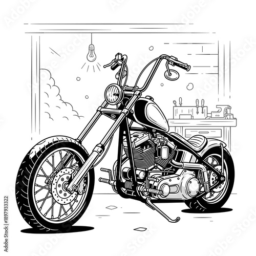 Detailed Illustration of a Classic Chopper Motorcycle.
