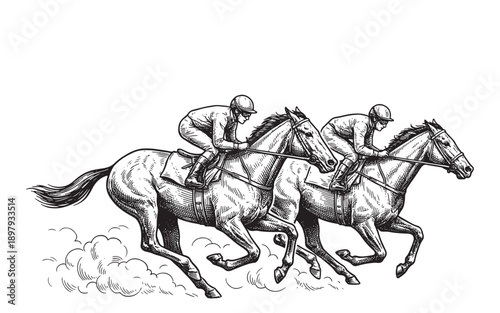 Two Horse Racing Jockeys Galloping in Competition Sketch