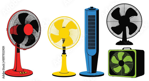Four colorful electric fans in a row showcasing different designs