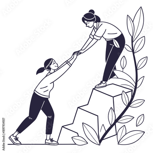 Two Women Helping Each Other Climb Up Rocks, Teamwork Concept Vector Illustration