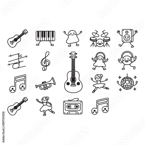 Music and Dance Doodle Icon Set Funny Cartoon Line Art Collection