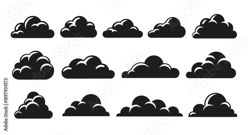 Collection of twelve stylized black cumulus cloud icons showcasing different puffy shapes and designs