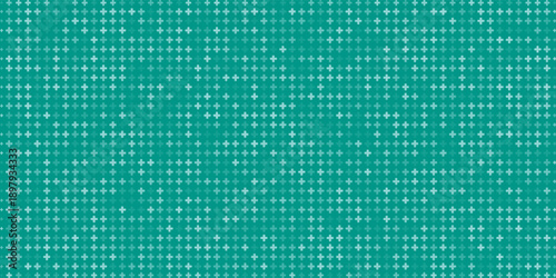 Seamless background pattern of evenly spaced white plus symbols of different sizes and opacity. Vector illustration on teal background with stars.Eps10