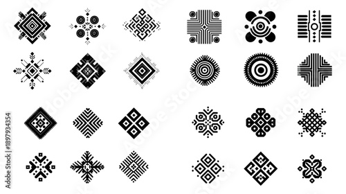 Abstract geometric symbols and decorative icons in black and white style. Modern graphic elements perfect for patterns branding logos interfaces and creative design projects.