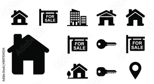 Black silhouette icons representing houses real estate and related concepts