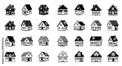 Collection of simple black and white house icons in various styles