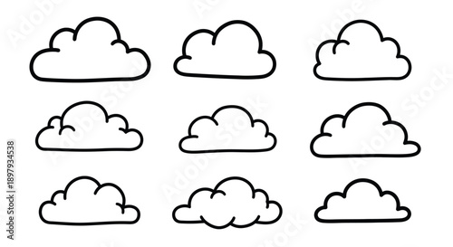 Collection of nine cute hand drawn simple black and white doodle cloud icons set
