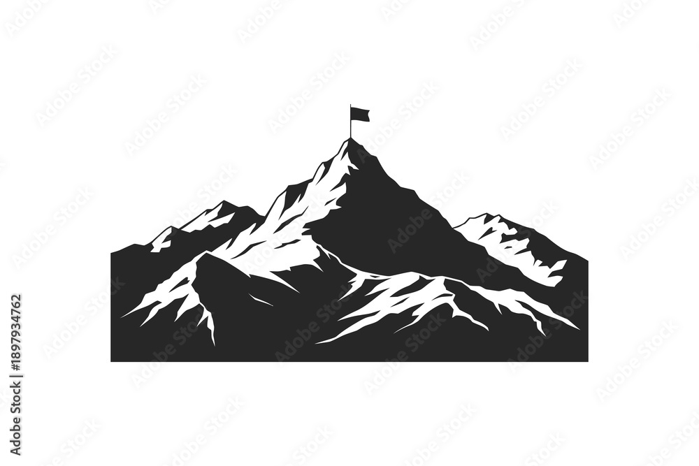 Naklejka premium Vector mountain range with flag on peak, silhouette illustration for logo or icon, isolated on transparent background, png