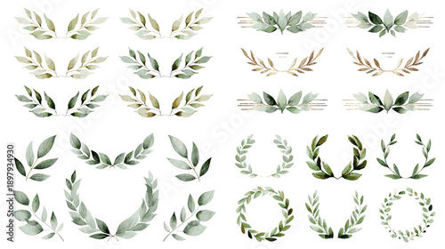 Botanical wreaths and leafy decorative elements in watercolor green style. Natural elegant ornaments perfect for weddings invitations branding stationery and organic design.