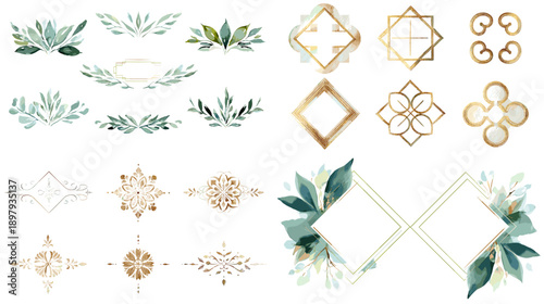 Geometric gold frames with botanical leaves and elegant ornaments. Modern decorative elements ideal for wedding invitations branding stationery and luxury graphic design projects.