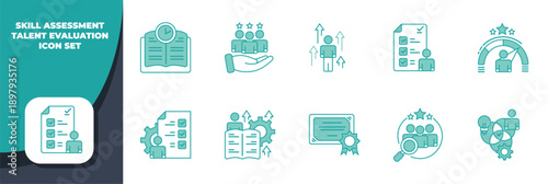 Skill assessment, talent evaluation icon set for human resources, career development, and professional growth.