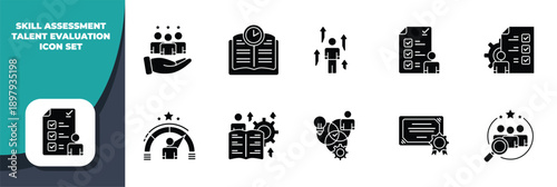 skill assessment icon set, talent evaluation, recruitment, performance management, and professional development in a modern glyph style.