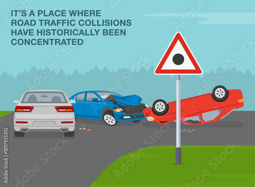 Safe driving tips and traffic regulation rules. Black spot sign area. Place where road traffic collisions have been concentrated. Side view of massive road accident. Flat vector illustration template.
