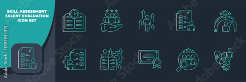 Skill assessment and talent evaluation icon set featuring various human resource management concepts and career development symbols.