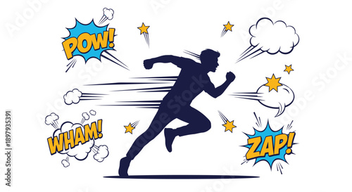 Silhouette of a running figure surrounded by comic book action effects