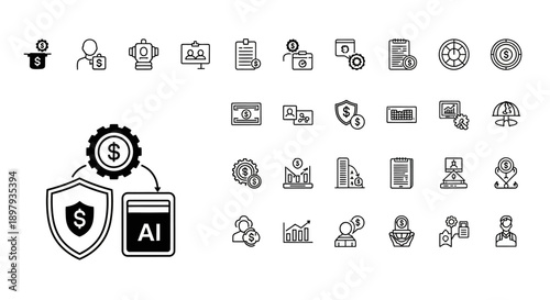 AI Fintech Security Icons: Shield, Gear, Dollar, Data, AI Bot, People