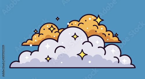 Sparkling Clouds Vector Illustration A Celestial Design with Golden and White Clouds and Stars on a Blue Background