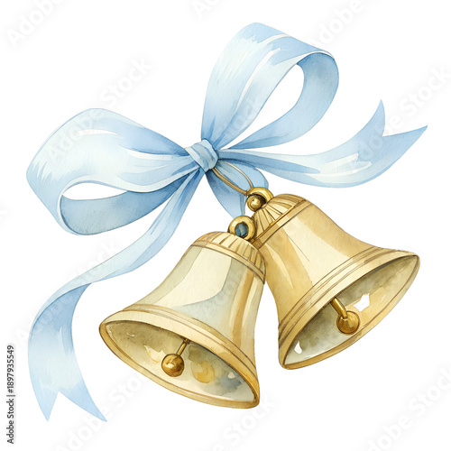 Watercolor Wedding Bells with Blue Ribbon