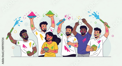 Diverse group of friends celebrating holi festival with colorful powders and waters