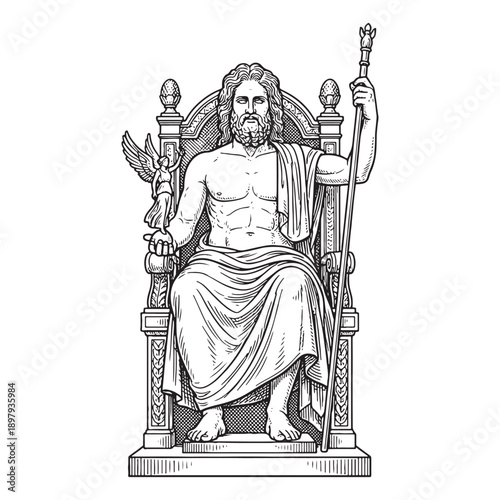 Greek God Zeus or Jupiter Sitting on Throne Sketch