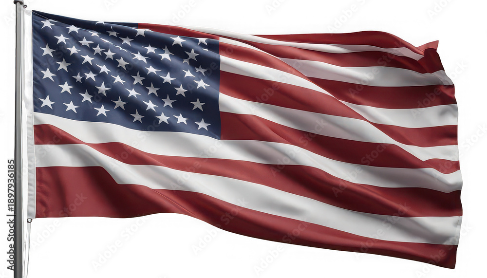 Fototapeta premium American flag waving on a pole with white background symbolizing patriotism and freedom