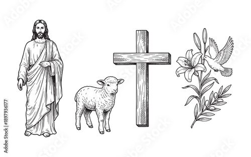 Christian Religious Symbols with Jesus, Cross, Lamb and Dove