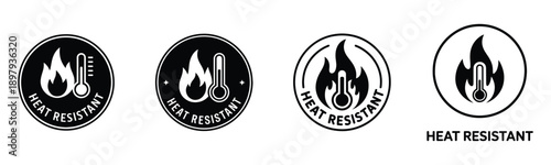 Set of heat resistant icons with flame and thermometer, black and white vector graphics