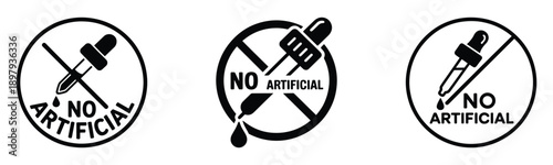 No artificial ingredients icons with dropper and prohibition sign, black and white vector graphics