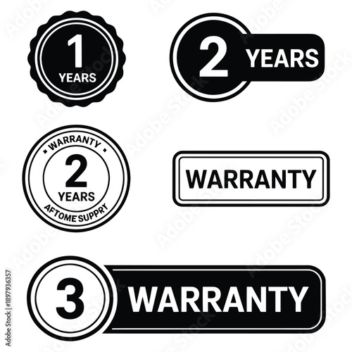 Collection of warranty seals and badges featuring 1, 2, and 3 years for product guarantee and assurance