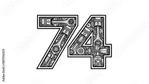 Number 74 Made of Car Engine Parts Mechanical Design.