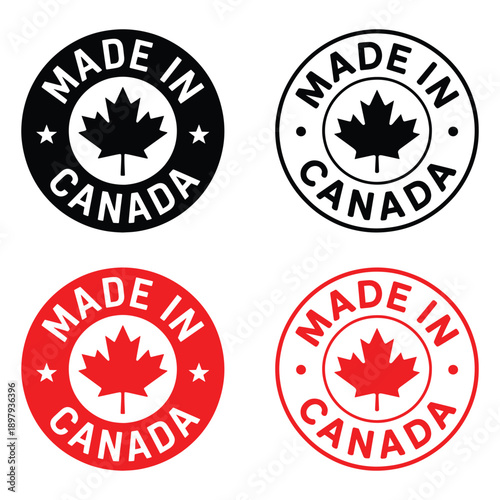 Collection of 'Made in Canada' circular badges featuring the iconic maple leaf symbol in black and red.