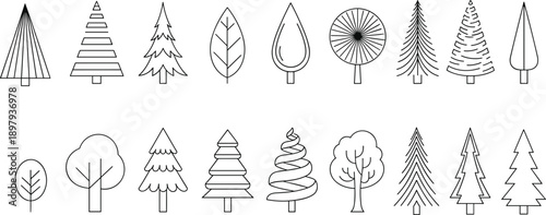 Black line vector icon set of various minimalist forest trees for concepts of nature landscape outdoor environment botanical decoration and organic branding,