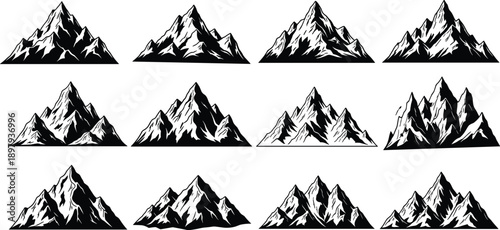 Large collection of hand drawn mountain peak silhouettes in black and white minimalist style for outdoor adventure logos climbing badges hiking emblems and landscape icons