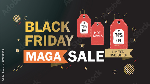 Black Friday Mega Sale Banner with Discount Tags and Golden Stars