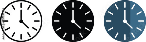 Three different clock faces with white and black and blue backgrounds and hands