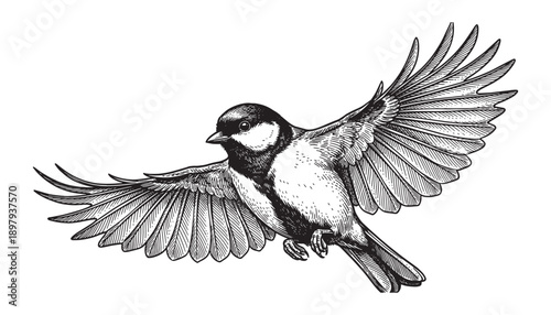 Flying Great Tit Bird Vintage Engraving Illustration