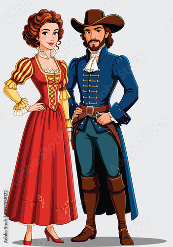 065-15-Cartoon couple standing together, a man in musketeer costume and a woman in noble dress
