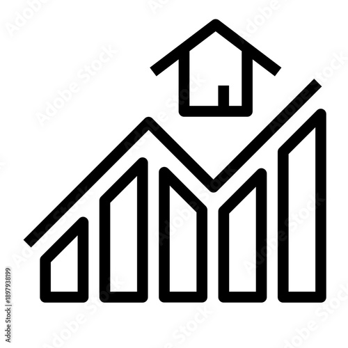 Line icon of a growth bar chart with a house