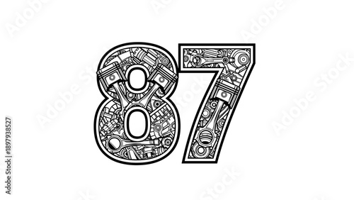 Number 87 Composed of Detailed Mechanical Auto Parts.
