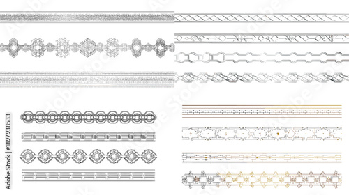 Elegant ornamental borders and horizontal dividers in silver gold and gray tones. Classic decorative line elements ideal for luxury branding invitations typography and refined layouts.