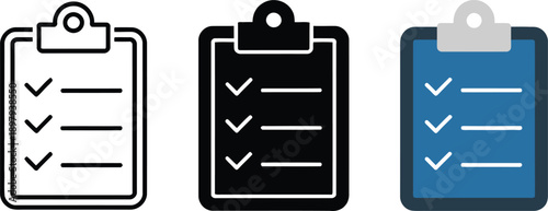 Three different colored clipboard icons with checklists on white background