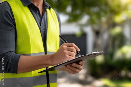 Male construction worker wearing a high-visibility yellow vest holds a clipboard and pen while standing outdoors in a residential area with blurred background