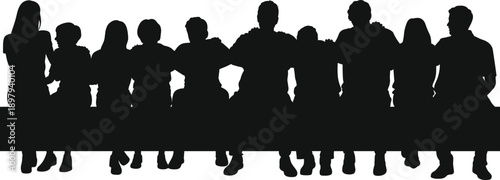 A diverse group of people of various ages and genders sitting in a line with arms around each other