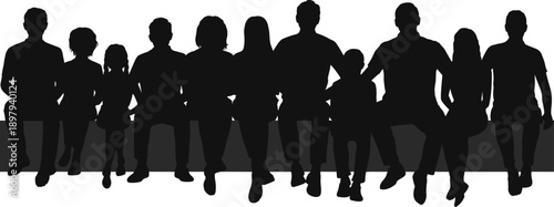 A diverse group of people of various ages and genders sitting together in a line against a white background