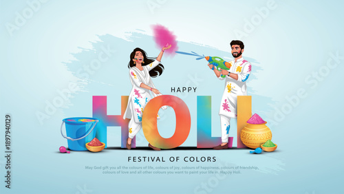 Indian festival of colors happy holi with couple celebrating holi background. Creative vector illustration banner design.