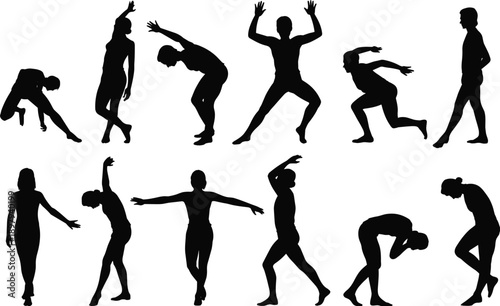 Assortment of black silhouettes showcasing dynamic dance and stretching movements, capturing the fluidity and energy of the human body in motion