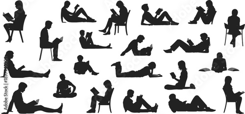 Collection of black silhouettes of individuals reading books in diverse seated and lying positions on a white backdrop