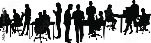 Collection of business professionals in silhouette interacting in an office environment with desks, chairs, and laptops visible
