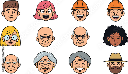 Cartoon people faces set illustration, diverse characters with different emotions, age and profession avatars, flat design, white background